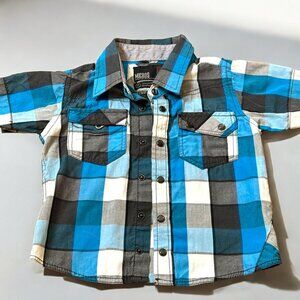 Micros Boys Plaid Short Sleeve Button-Up Shirt, Size 2T, Blue and Gray Checkered
